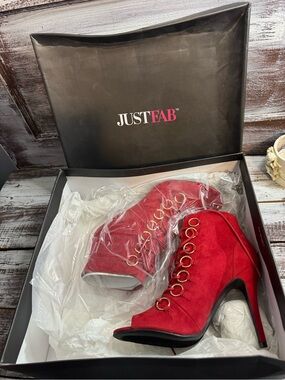 JustFab Red Suede Lace-Up Peep Toe Stiletto Booties